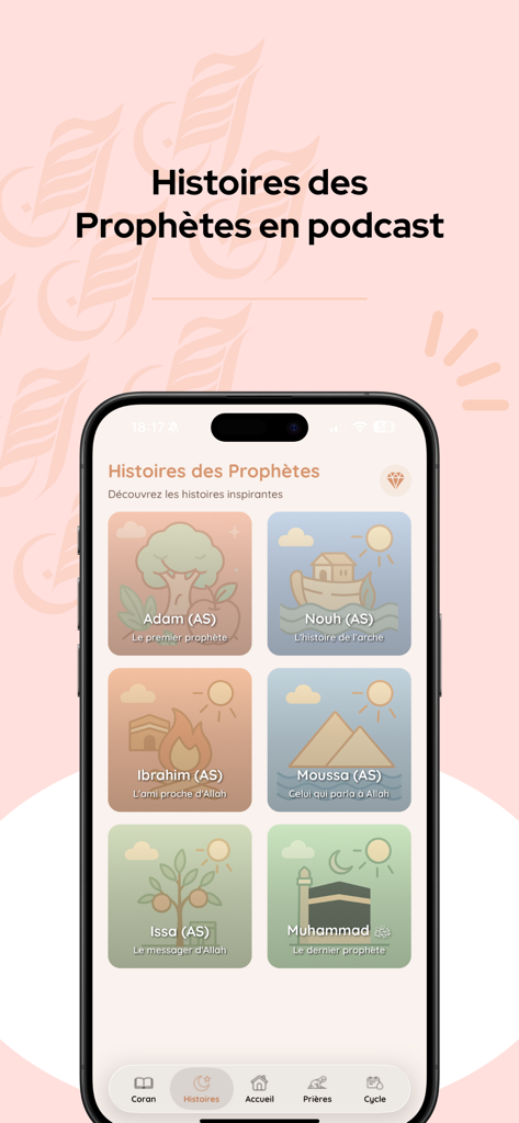 Ihsan - Salat & Dhikr - Mobile app screen showing a collection of stories of the Prophets in podcast format with aesthetic illustrations