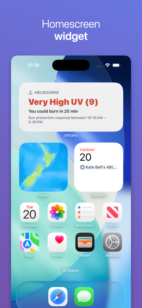 UVLens - UV Index - UVLens home screen widget displaying a very high UV index and personalized burn risk information on an iPhone.