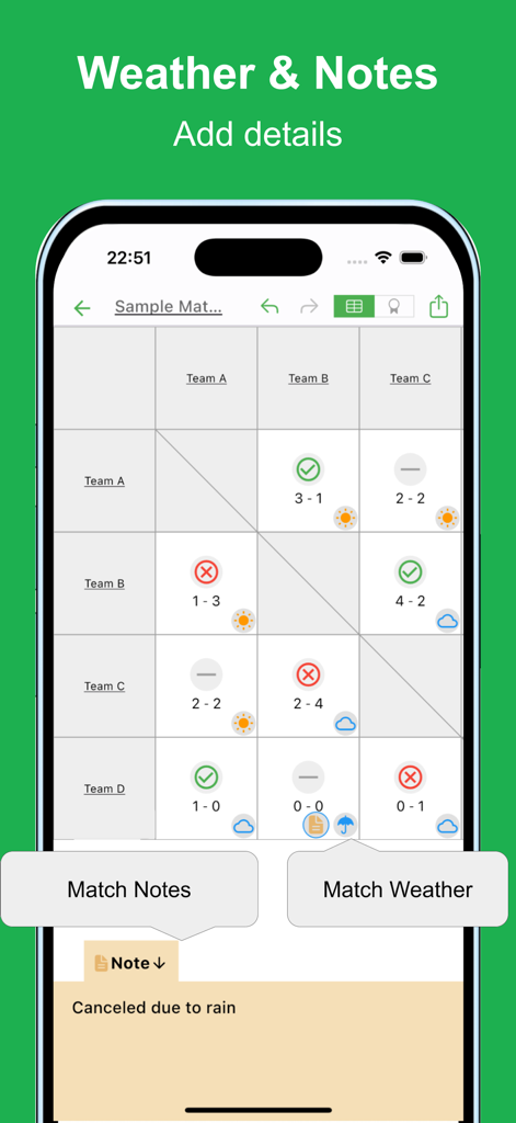Simple MatchTable - A sports match table in the Simple MatchTable app showing scores with weather icons and a match note about a cancellation.