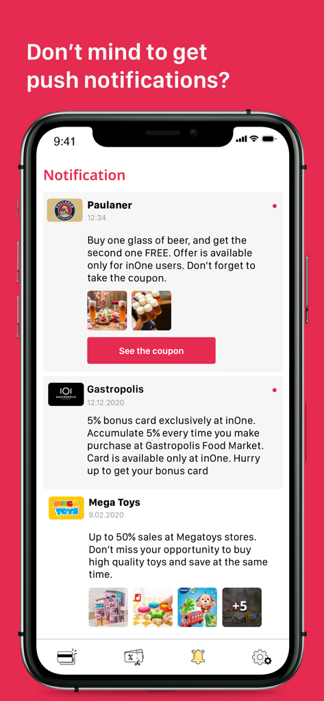 inOne - InOne app interface showing a list of retail notifications and discount coupons on an iPhone