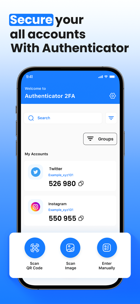 Two Factor Authenticator 2FAアプリのダッシュボードにアカウントセキュリティコードが表示されています。
