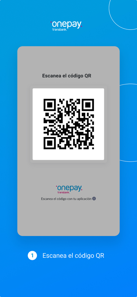 Onepay: paga fácil y rápido - Interface of the Onepay app showing step one to scan a QR code for mobile payments.