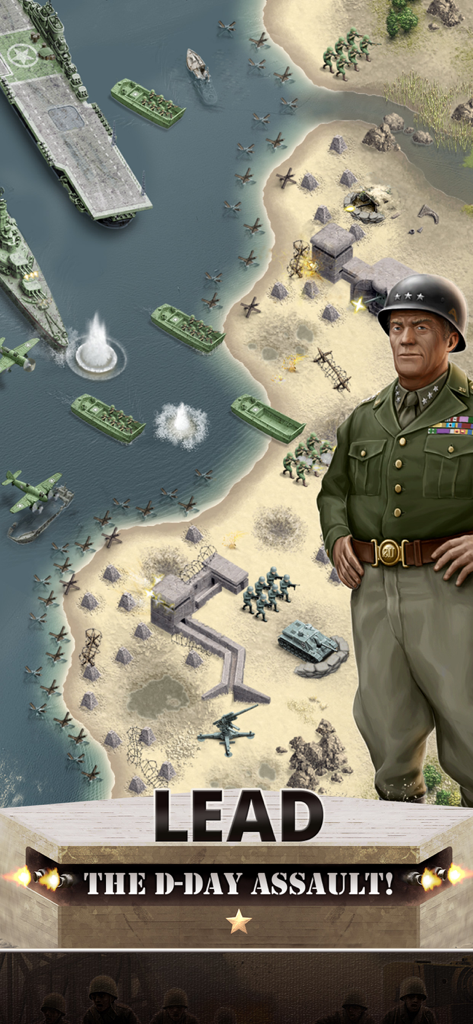 A military general leading a WWII beach landing mission with ships and tanks in a strategy game