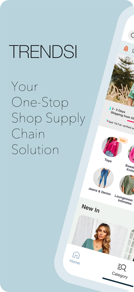 Trendsi app interface showing fashion categories and supply chain solutions for boutique owners