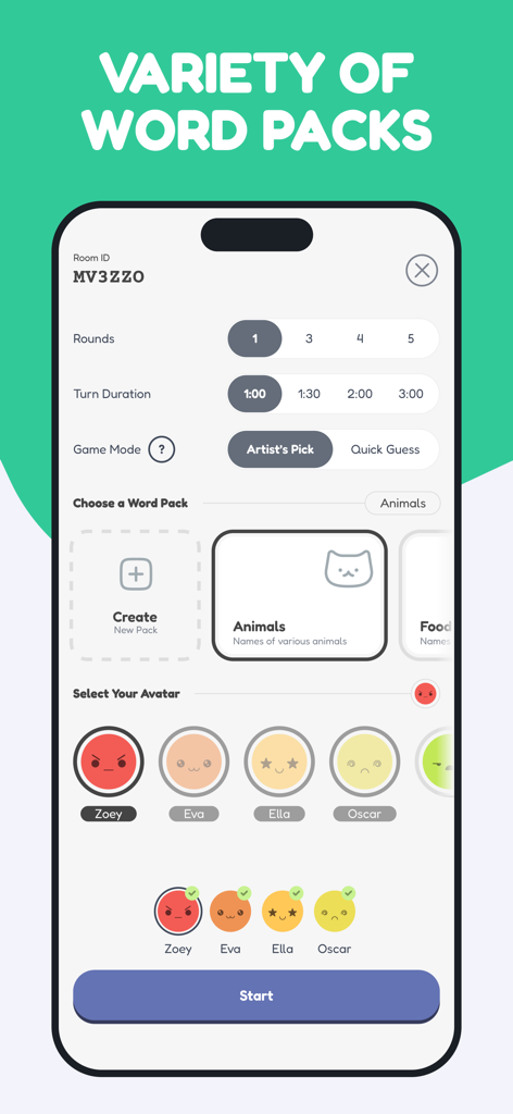 drawverse: draw & guess game - Drawverse app screen showing game lobby settings including word pack selection, turn duration, and avatar customization