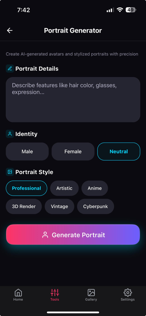 Photo Aiアプリのポートレートジェネレーターツールのユーザーインターフェース。IDとスタイルの選択オプションが表示されています。