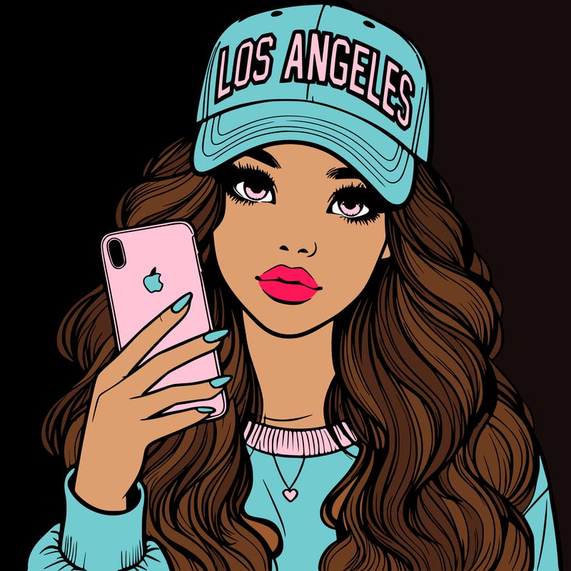 realistic beautiful girl wearing los ángeles cap holding an iphone
