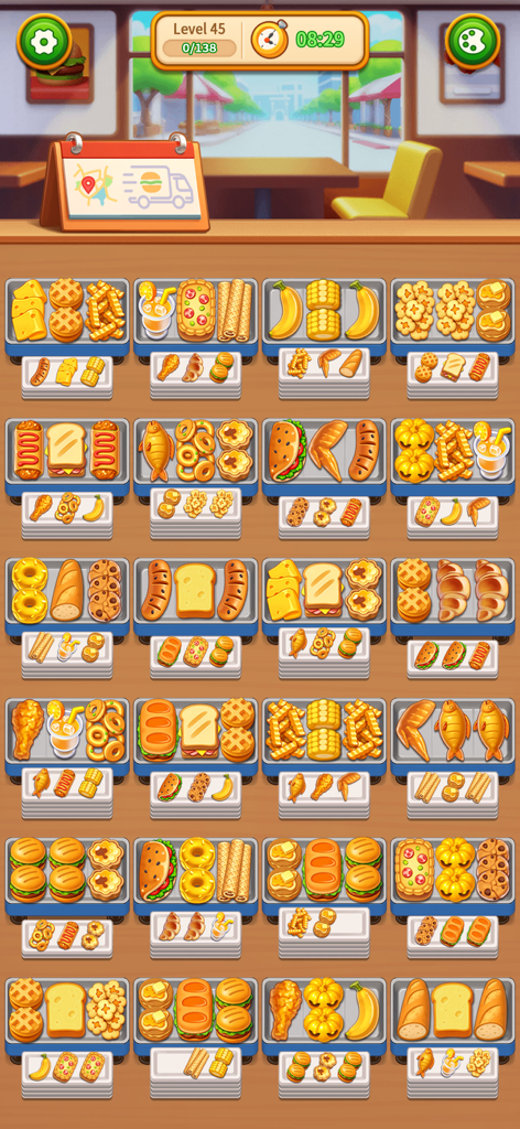 Grill Sort game screen showing levels of food trays with various snacks for sorting