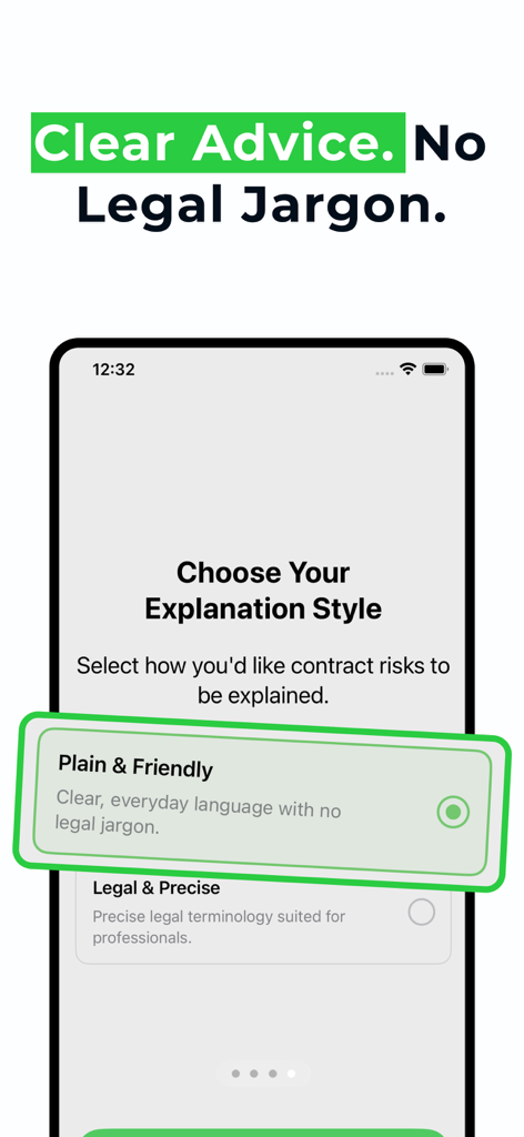 Legal Scan - Legal Scan app interface showing the choice between plain language and precise legal terminology for contract analysis.