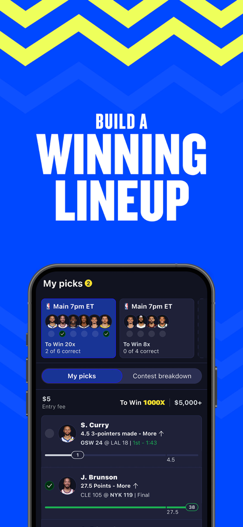 Interfaccia dell'app FanDuel Picks che mostra una formazione sportiva con pronostici sui giocatori e potenziali vincite
