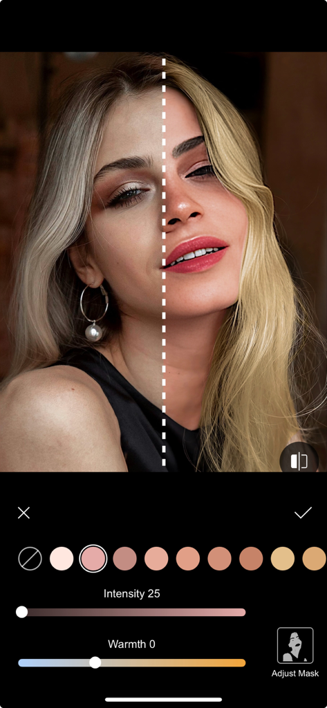 Perfect Pic—Face & Body Editor - Vista de pantalla dividida que muestra la comparación del ajuste del color del cabello y el tono de piel.
