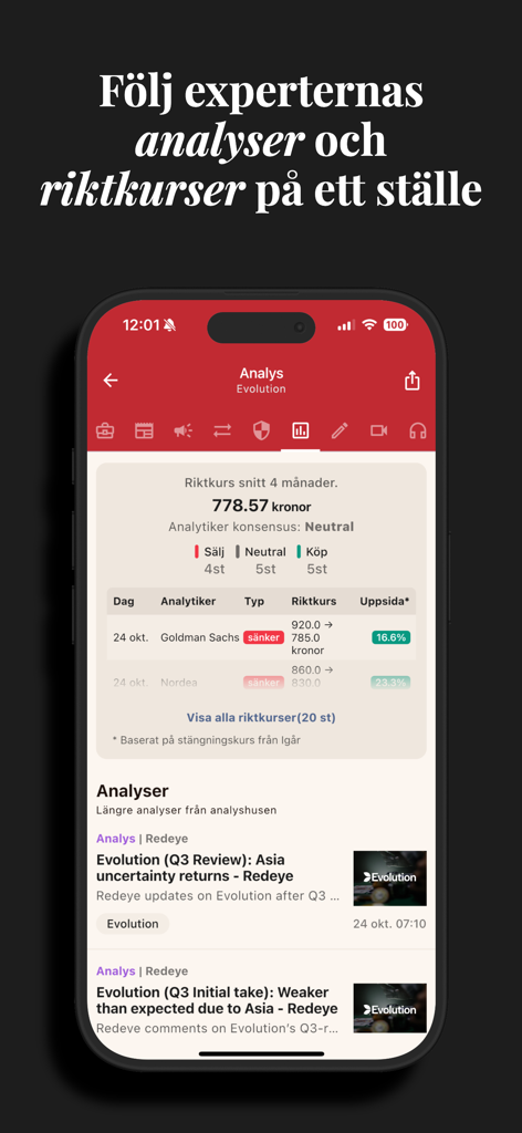 Börskollen: Aktier & Börsen - Pantalla de la aplicación móvil que muestra informes de análisis de acciones y objetivos de precios de analistas.