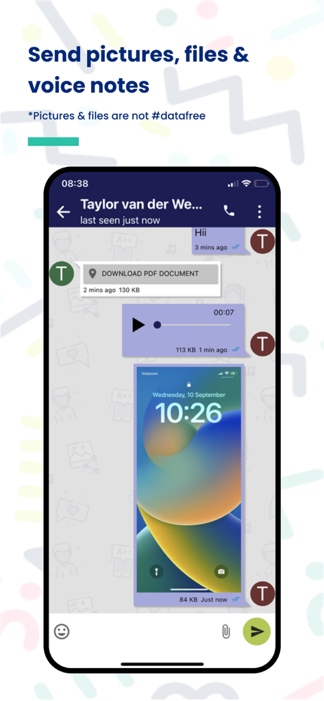 Moya App #Datafree - Moya App chat interface showing file sharing voice notes and image attachments