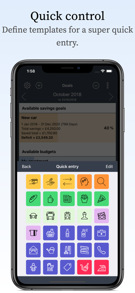 My Budget Book Pro Edition - A screen from My Budget Book Pro Edition showing colorful quick entry icons and savings goals.