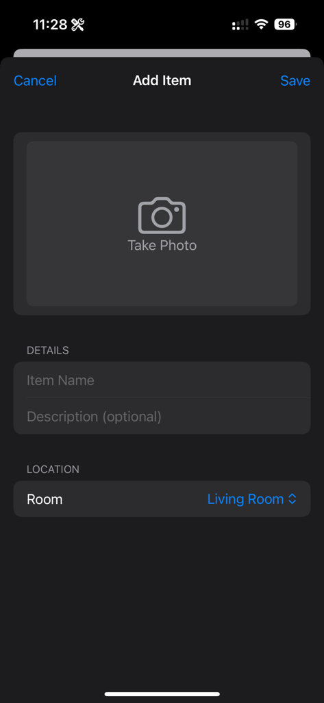 Easy Find My Stuff - The Add Item screen of Easy Find My Stuff showing options to take a photo and select a room location