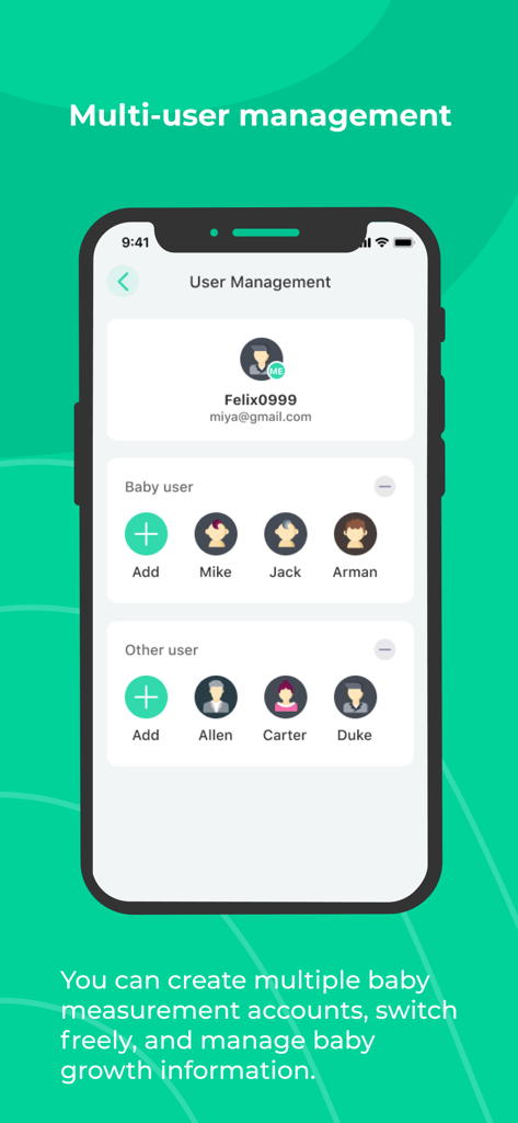 iMoni Health - track your body - Interface of iMoni Health app showing multiple user accounts for family and babies