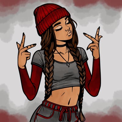 realistic teenage girl with braids and a beanie and crop top doing 🫶🏼