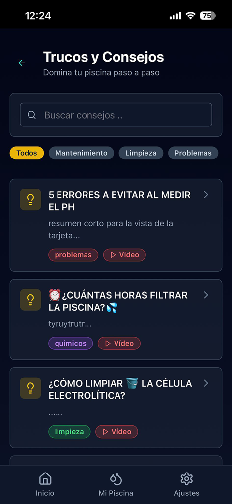 WET app Piscinas - WET app Piscinas tips and tricks screen showing pool maintenance video tutorials