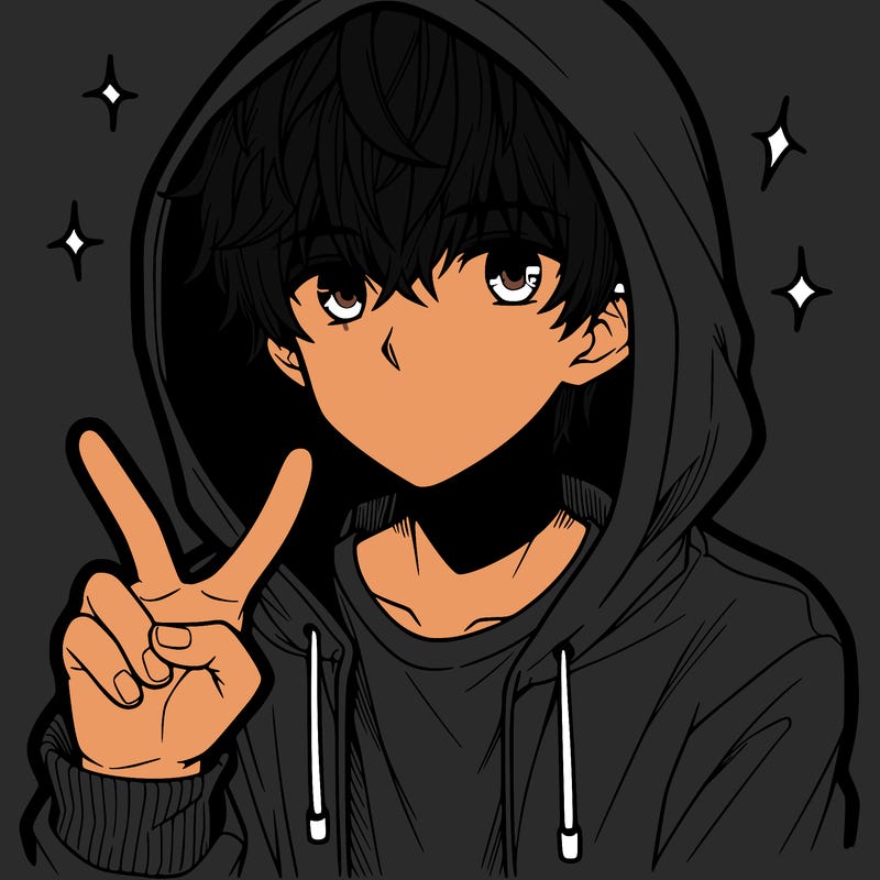 teenage manga boy in a hoodie, doing ✌