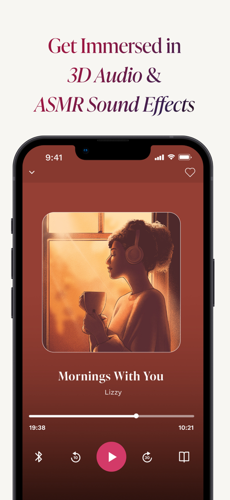 Bloom Stories app interface showing a romantic 3D audio track titled Mornings With You playing on a smartphone.
