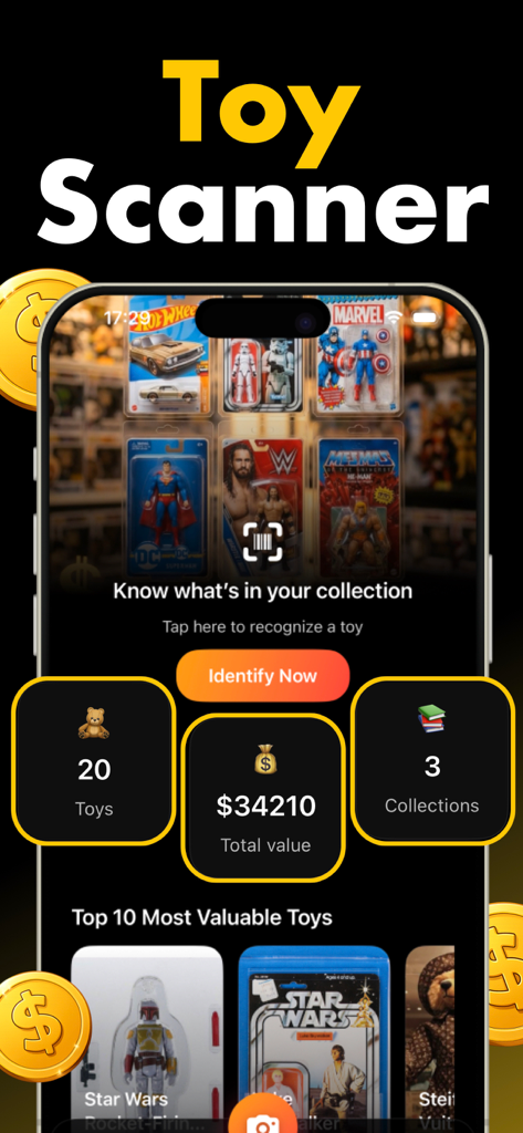 Toyzie AI: Toy Value Scanner - Interface of Toyzie AI app showing toy collection value and scanner feature