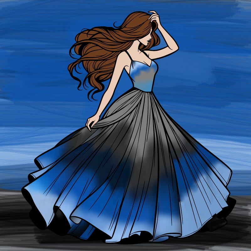 realistic woman with dress flowing in the wind