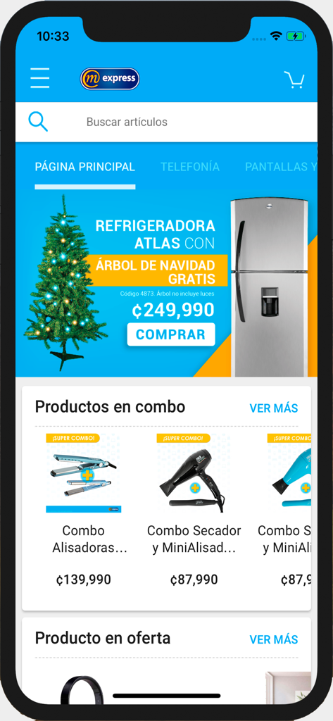 MExpress - MExpress mobile app main interface displaying home appliance promotions and product combos in Spanish