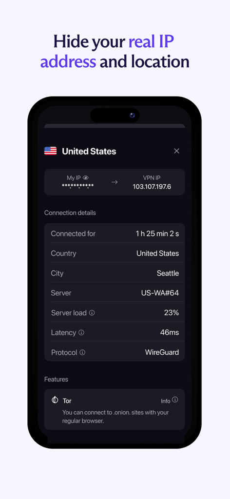 Proton VPN mobile app interface showing a secure connection to a United States server in Seattle with hidden IP address.