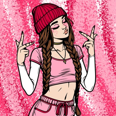 realistic teenage girl with braids and a beanie and crop top doing 🫶🏼