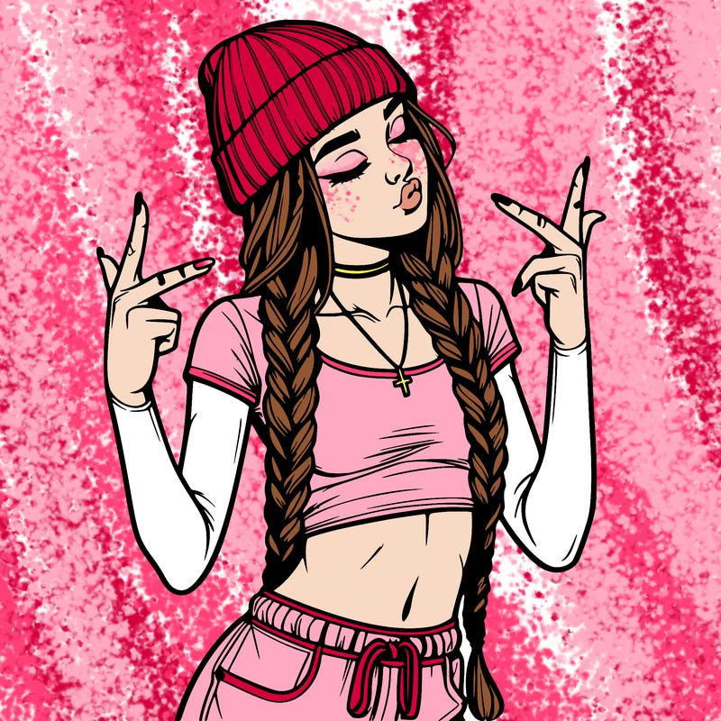 realistic teenage girl with braids and a beanie and crop top doing 🫶🏼