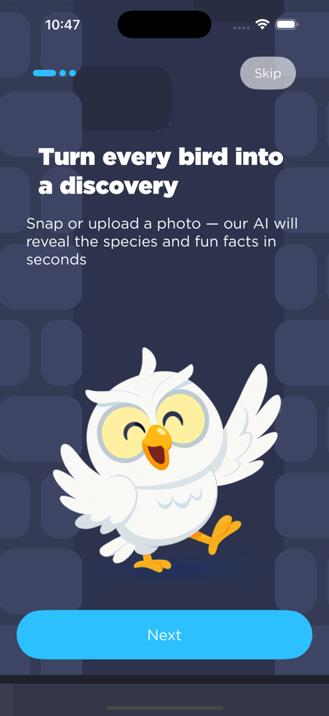 Wingsу Lеns - Pantalla de incorporación para la aplicación Wingsy Lens con un amigable búho de dibujos animados y texto sobre descubrimientos de aves.
