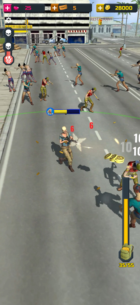 A female survivor shooting at a group of zombies on a city street in the game Zombie Survival Apocalypse