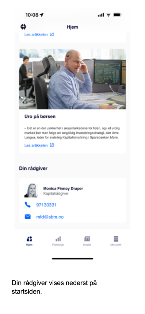 Sparebanken Møre Forvaltning - Home screen of the Sparebanken More Forvaltning app showing a financial advisor profile and market news article