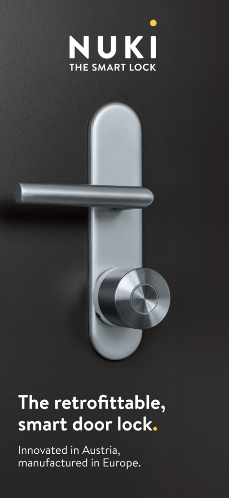 Modern brushed metal Nuki smart lock mounted on a black door
