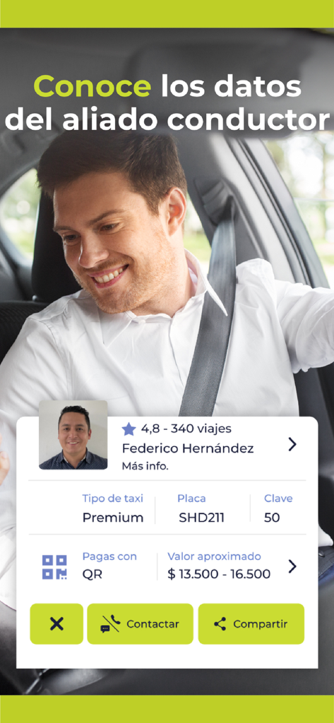 Interface do aplicativo Taxis Libres mostrando o perfil do motorista com avaliação, número da placa do veículo, chave de segurança e tarifa estimada para uma corrida premium