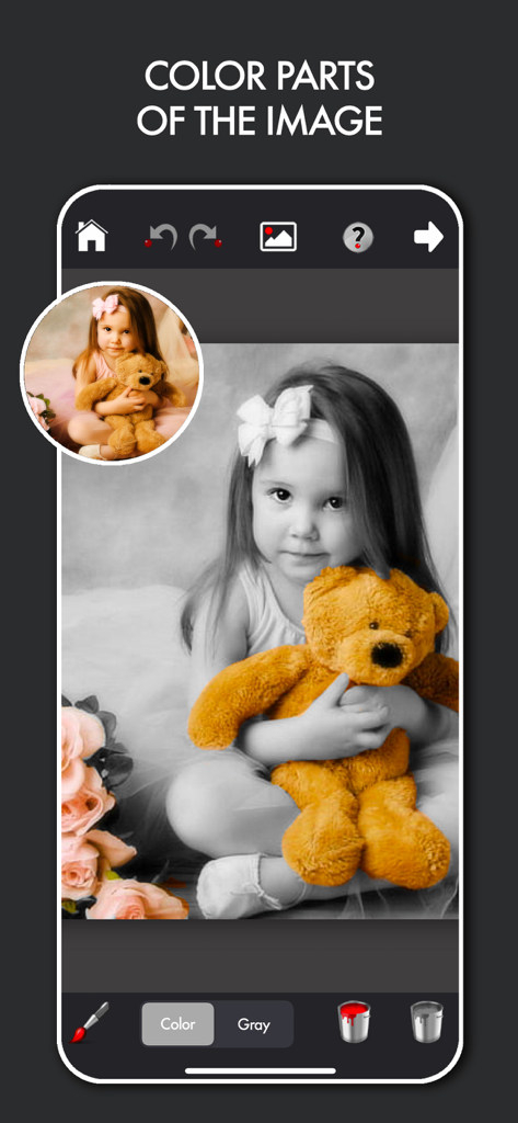 소녀와 곰 인형이 있는 흑백 사진에 대한 선택적 색상 편집을 보여주는 Colorfader 앱 인터페이스