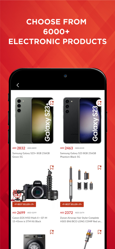 Emax mobile app interface showing various electronic products including smartphones cameras and home appliances