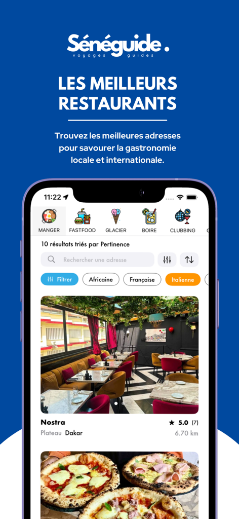 Pantalla de la aplicación Seneguide que muestra una lista curada de los mejores restaurantes y lugares para comer en Dakar, Senegal