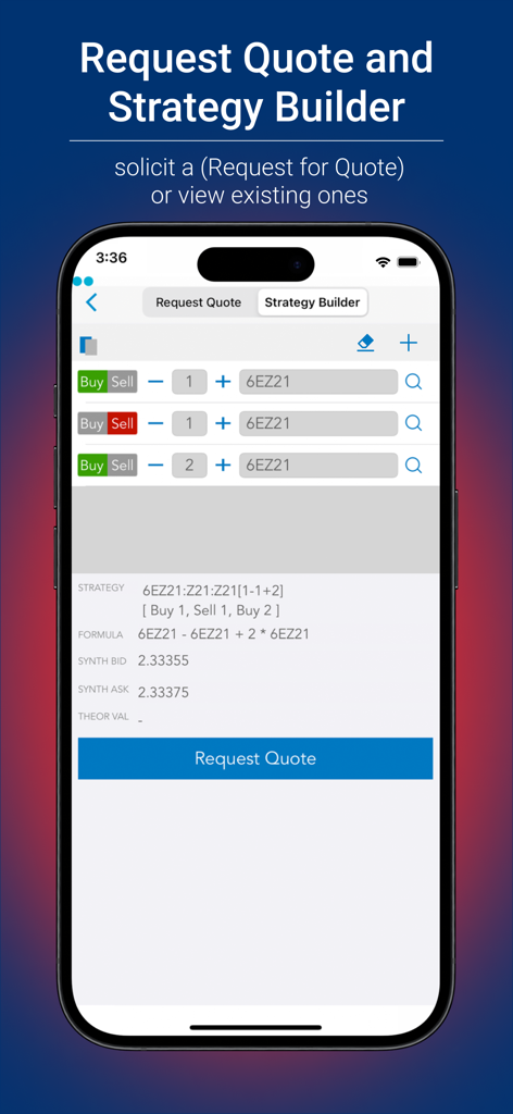 Pantalla de Cotización y Constructor de Estrategias de QST Mobile que muestra herramientas profesionales de trading de futuros y análisis de fórmulas.