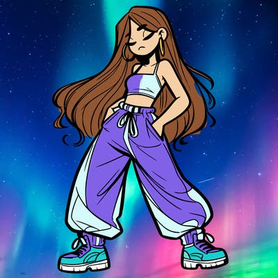 girl in baggy pants crop top and long hair