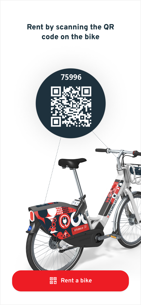 An instructional graphic showing how to rent a Veturilo bike by scanning its QR code using the mobile app