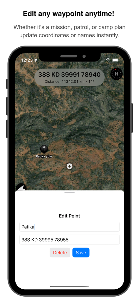 Editing waypoint name and MGRS coordinates over a satellite map view