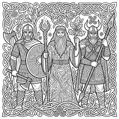 Embark on an epic artistic journey with this captivating Zentangle Celtic Figures coloring page. Discover highly detailed warriors and a wise druid, all waiting for your creative touch.