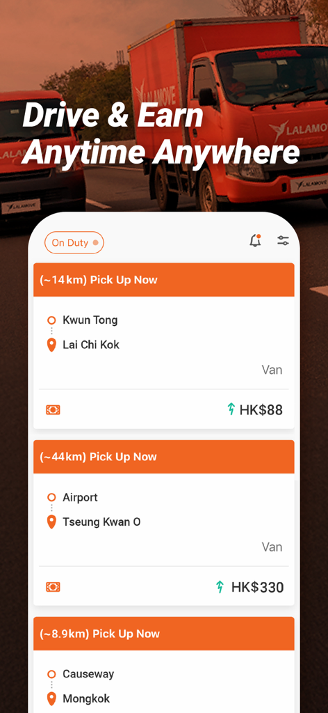 Interfaz de la aplicación Lalamove Driver mostrando pedidos de reparto con ubicaciones y ganancias