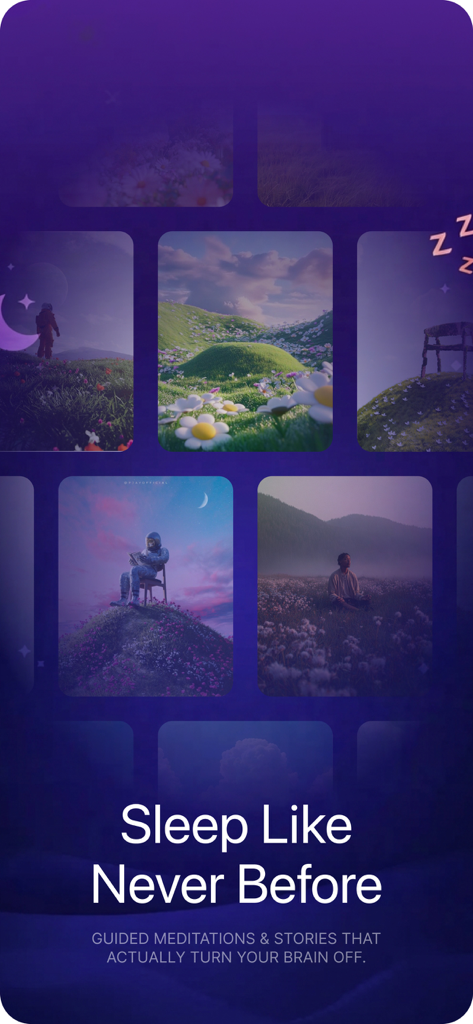 DeepSleep: Sleep Cycle Tracker - Pantalla de la aplicación DeepSleep con meditaciones guiadas e historias para dormir con paisajes de ensueño