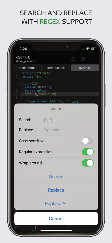 Code Editor - Compiler & IDE - Interface showing search and replace with regular expression support in a mobile code editor.