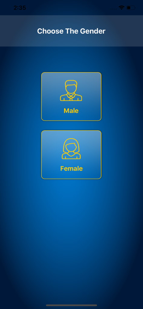 X-ray Scanner body - Gender selection screen with Male and Female options for the X-ray body scanner prank app