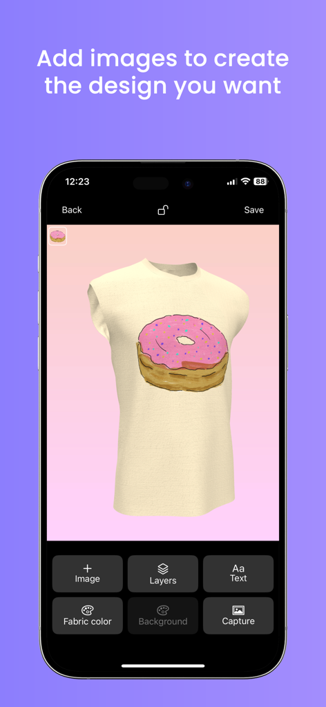 T-Shirt Design - 3D Mockup - A mobile app interface showing a 3D sleeveless t-shirt with a custom donut graphic