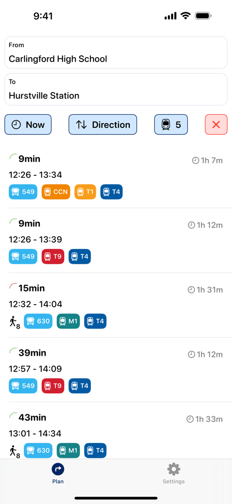 Interface of the Trip Planner app showing multiple public transport route options and arrival times for Sydney.