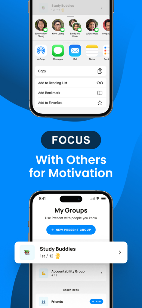 BePresent app interface showing social groups and accountability features for screen time control